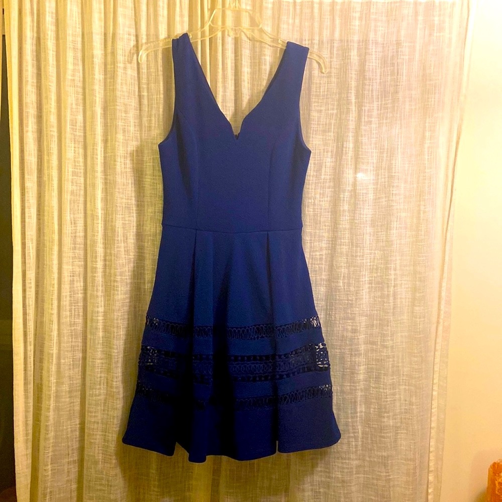 Annabella | Navy Blue V-neck Skirt with Lace Embellishment | Medium